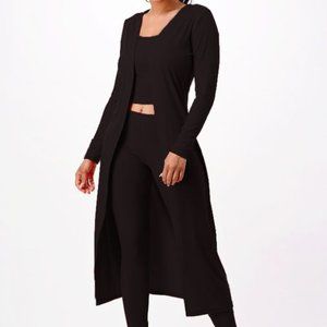 3 Piece Ribbed Tank Top Cardigan Set with Legging- Black